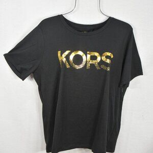 Michael Kors Women's Blouse L Black Goldtone Kors Logo Short Sleeve Top